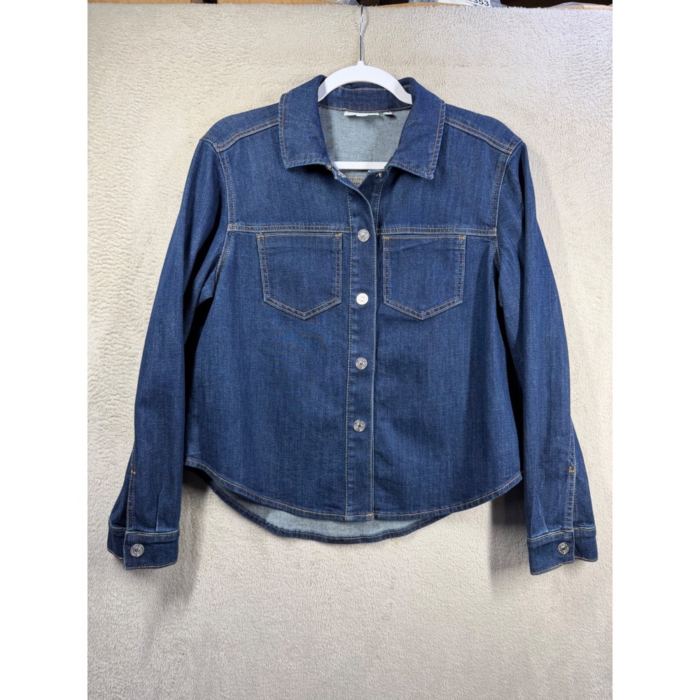 Chico's Shirt Jacket Women M Blue Denim Shacket Dark Wash Stretch Button Up